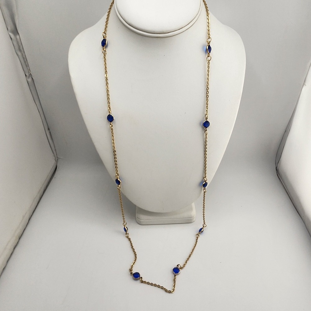 Gold Toned Necklace‎ Long Blue Bezeled Style